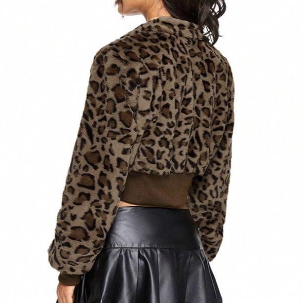 High Neck Leopard Print Zip-Up Crop Jacket Product Image