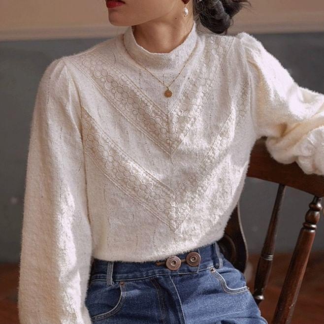 Long-Sleeve Mock Neck Lace Blouse Product Image