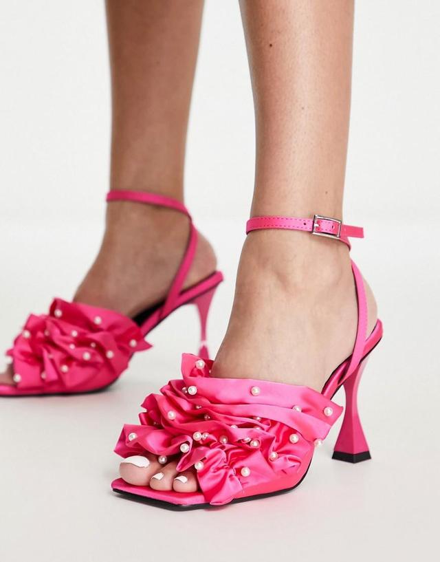 River Island ruched pearl detail flared heeled sandals Product Image