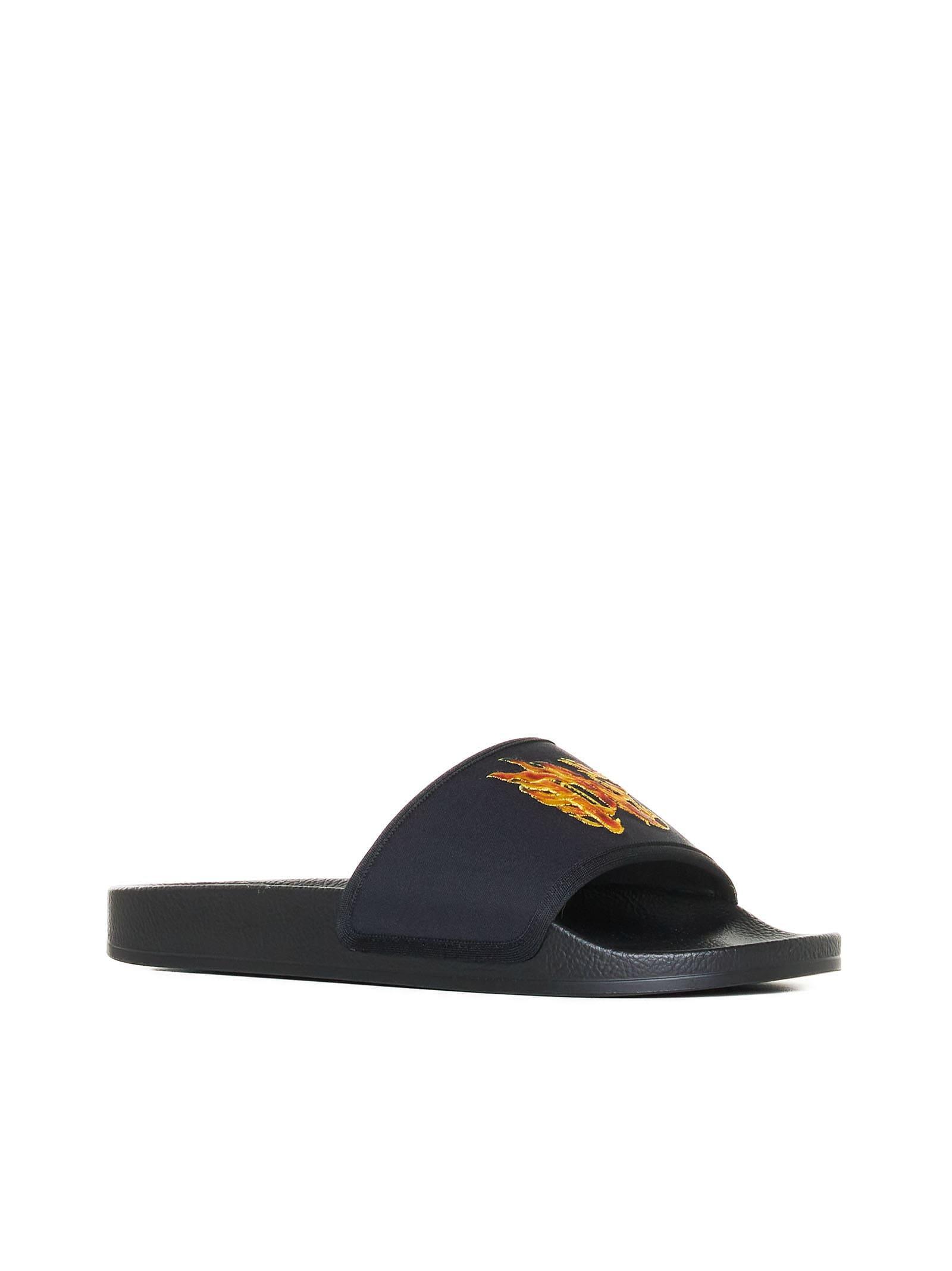 PALM ANGELS Flame Monogram-print Slides In Black,orange,gold Product Image