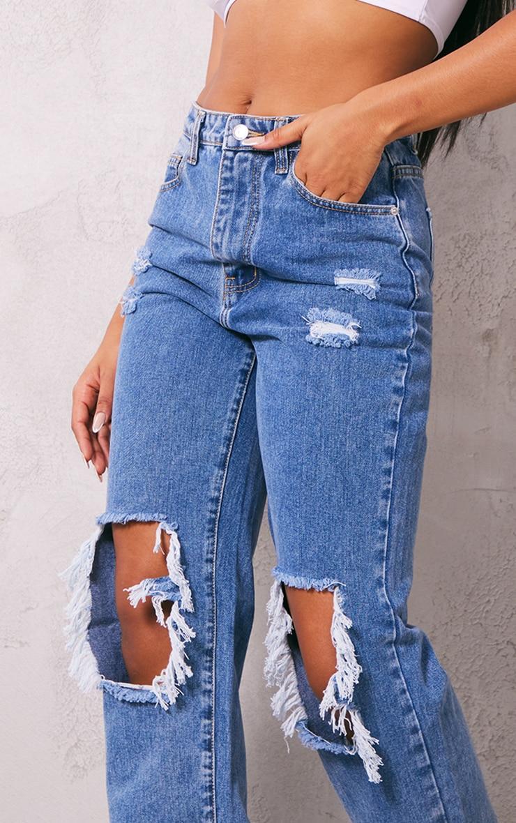 Washed Mid Blue Ripped Open Knee Split Hem Jeans Product Image