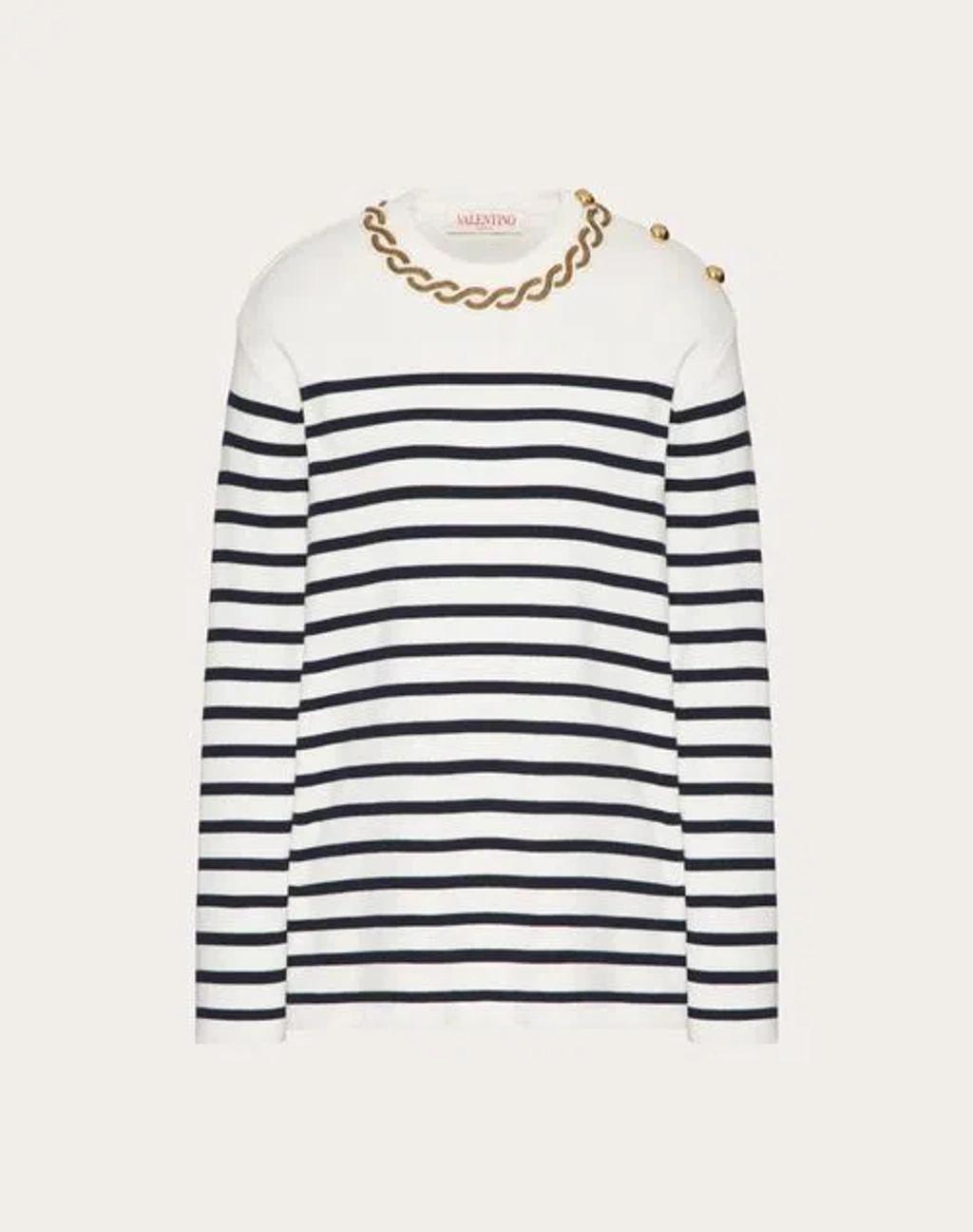 VALENTINO Embellished Striped Ribbed Cotton Sweater In Ivory Product Image