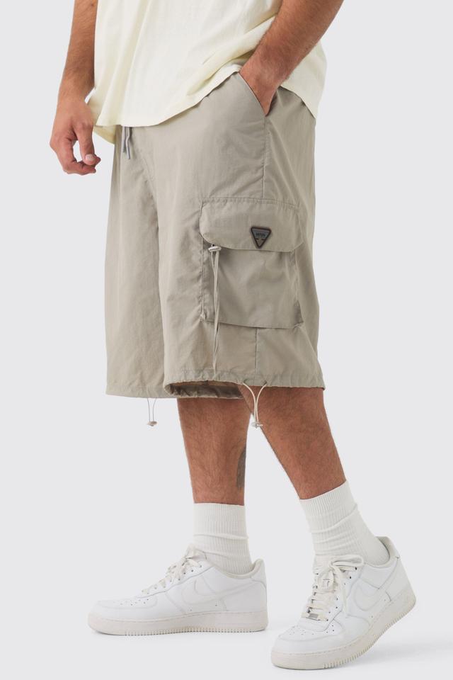 Plus Crinkle Nylon Cargo Parachute Shorts In Stone | boohooMAN USA Product Image