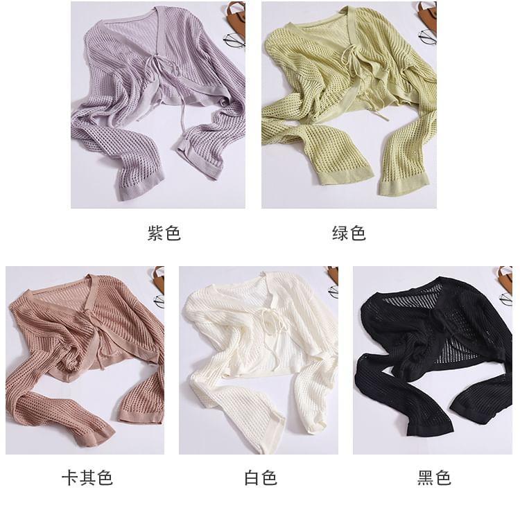 V-Neck Plain Pointelle Knit Crop Tie Front Cardigan Product Image