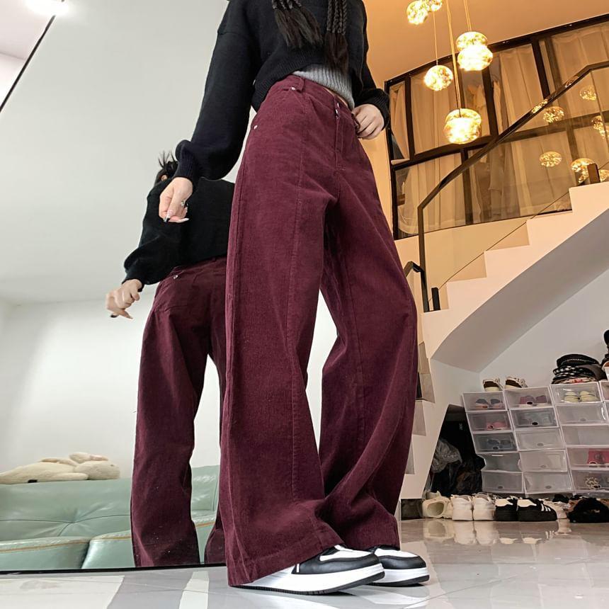 High Rise Plain Corduroy Loose Fit Pants Product Image