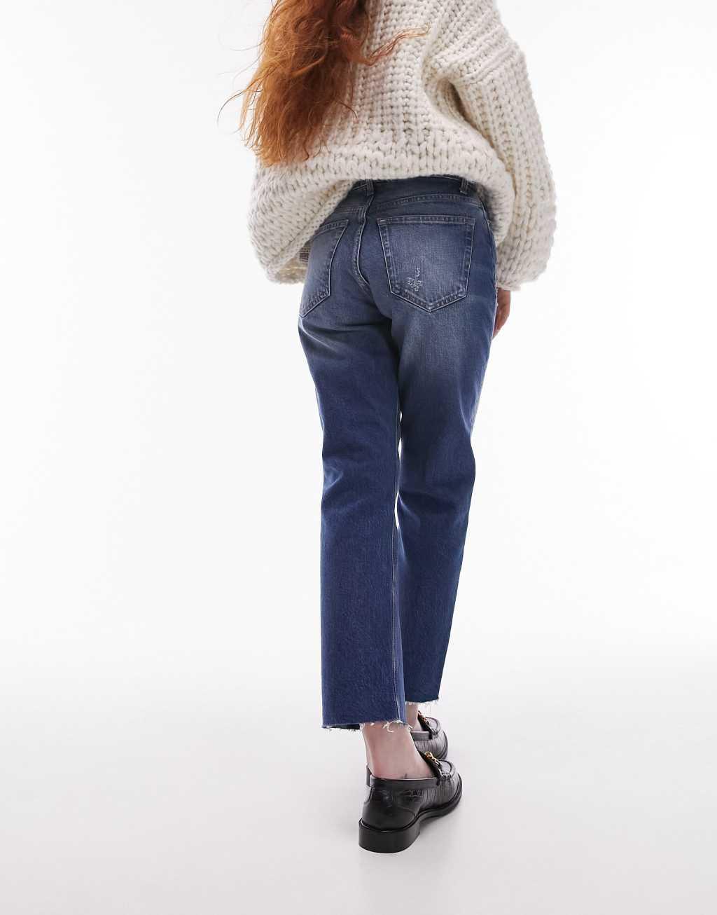 Topshop cropped mid rise straight jeans with raw hems in extreme mid blue Product Image