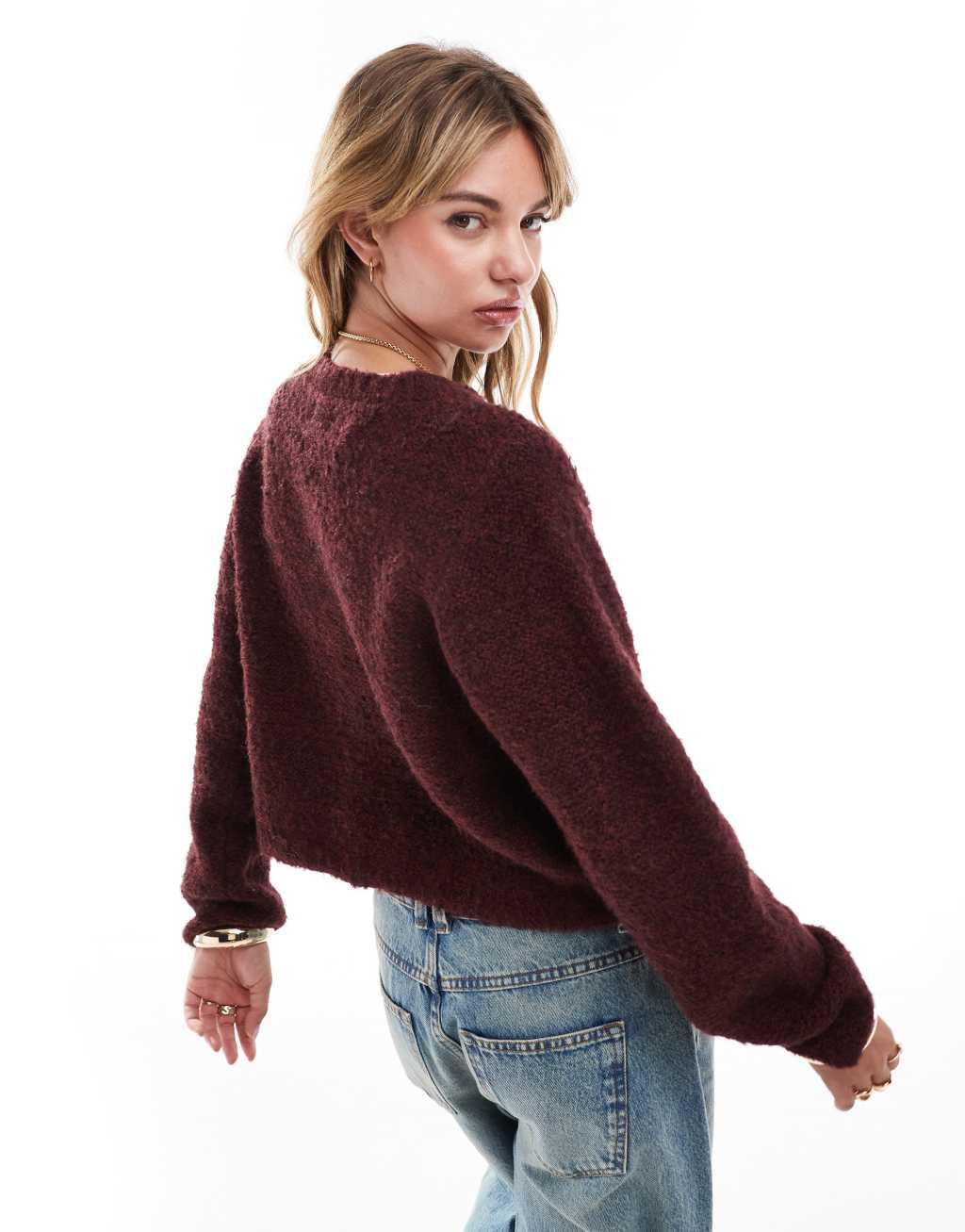 ASOS DESIGN crew neck cardigan in boucle yarn in burgundy Product Image