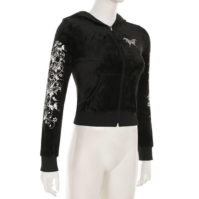 Butterfly Print Zip-Up Velvet Crop Hoodie Product Image