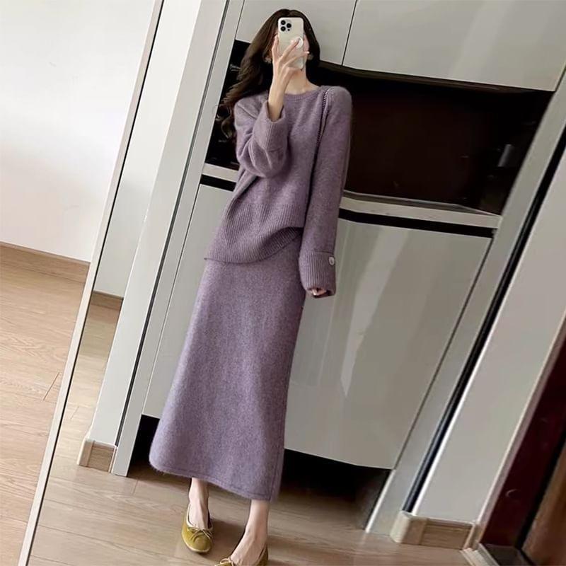 Maternity Set: Crew Neck Plain Sweater + High Waist Knit Midi A-Line Skirt Product Image