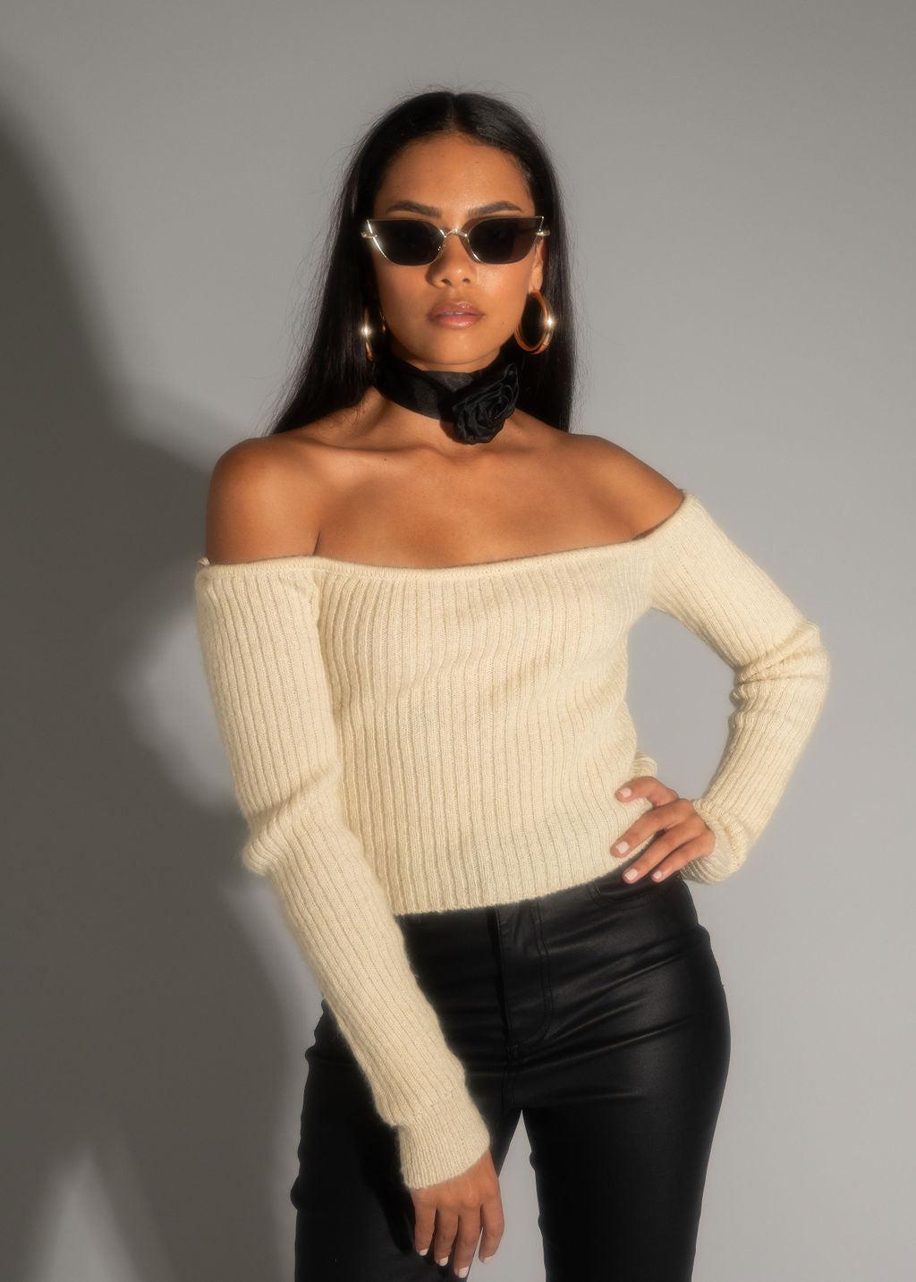 Miley Beige Off The Shoulder Sweater Female Product Image