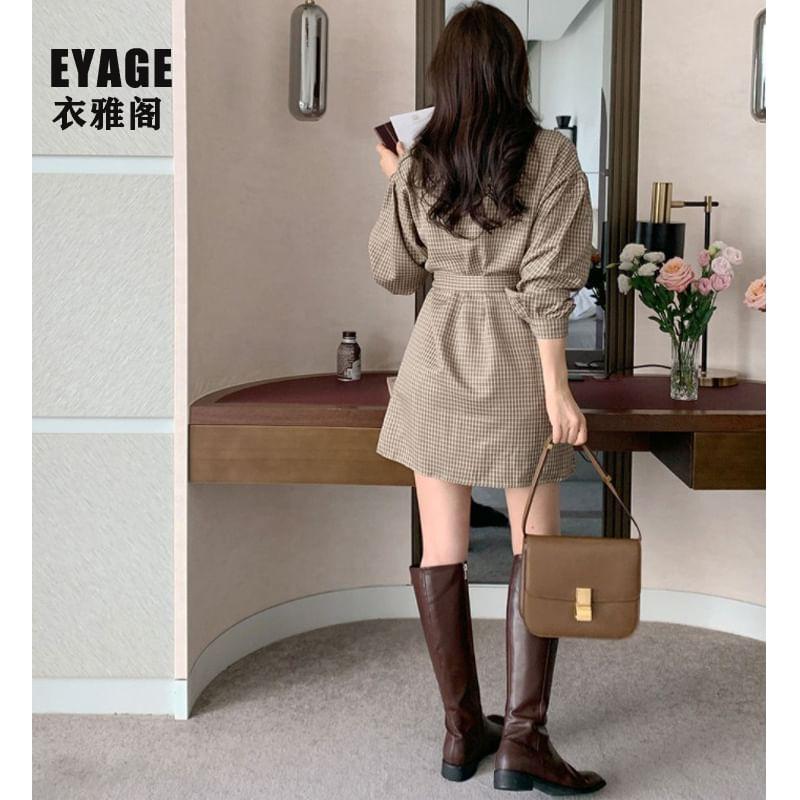 Long-Sleeve Plaid Tie-Side Button-Up Mini Shirtdress Product Image