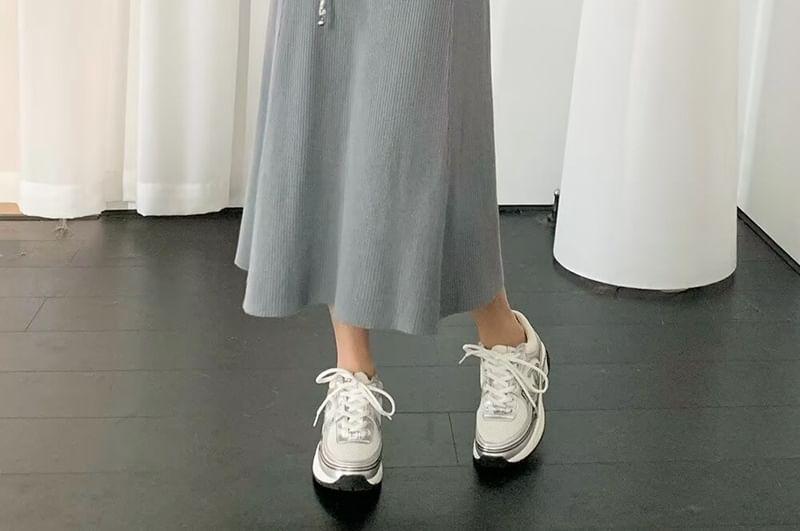 Long-Sleeve Collared Knit Midi A-Line Dress Product Image