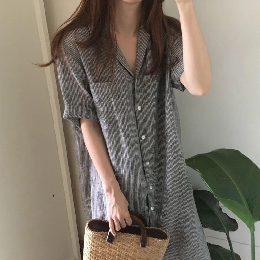 Short-Sleeve Striped Midi Shirt Dress Product Image