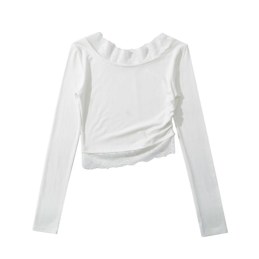 Long-Sleeve Cowl Neck Plain Lace Trim Tee product image