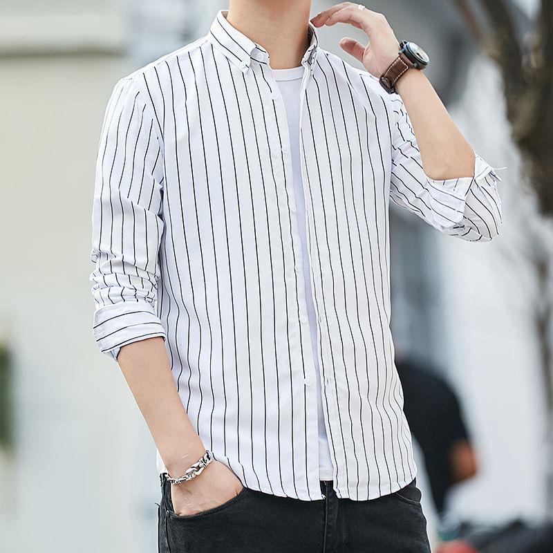 Long Sleeve Collared Button Down Striped Shirt Product Image