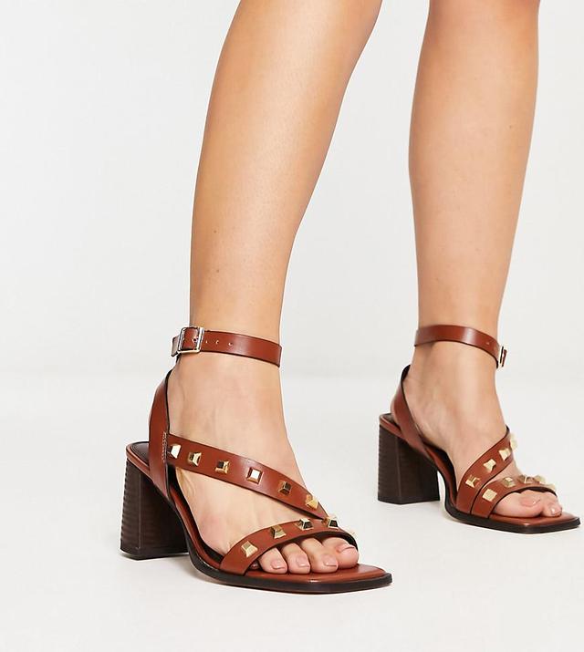 ASOS DESIGN Wide Fit Halter studded mid heeled sandals in tan Product Image