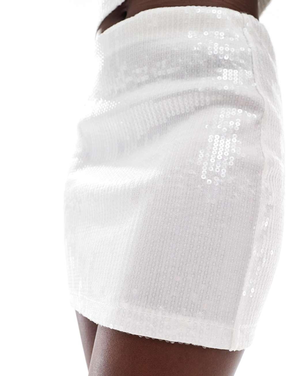 ASOS DESIGN mid rise sequin mini skirt in cream - part of a set Product Image