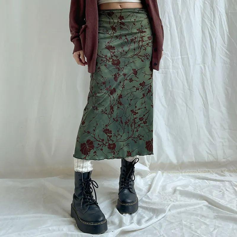 Mid Rise Floral Print Midi Straight Skirt Product Image