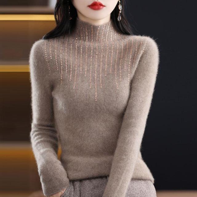 Mock Neck Plain Rhinestone Sweater Product Image