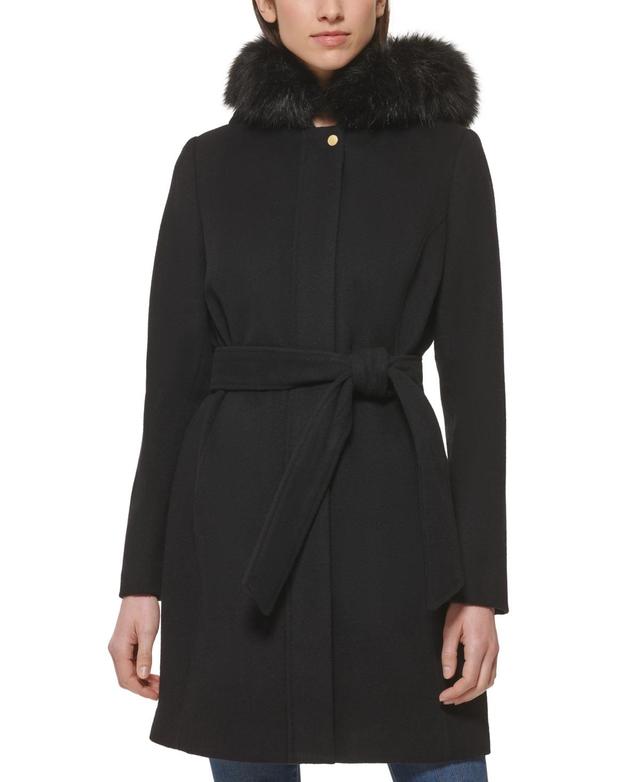 Cole Haan Womens Belted Faux-Fur-Trim Hooded Coat Product Image