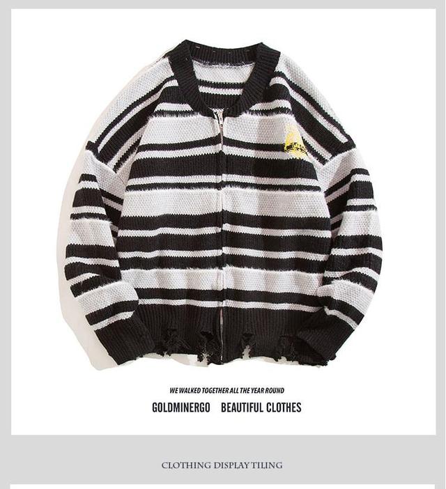 V-Neck Striped Zip-Up Cardigan Product Image