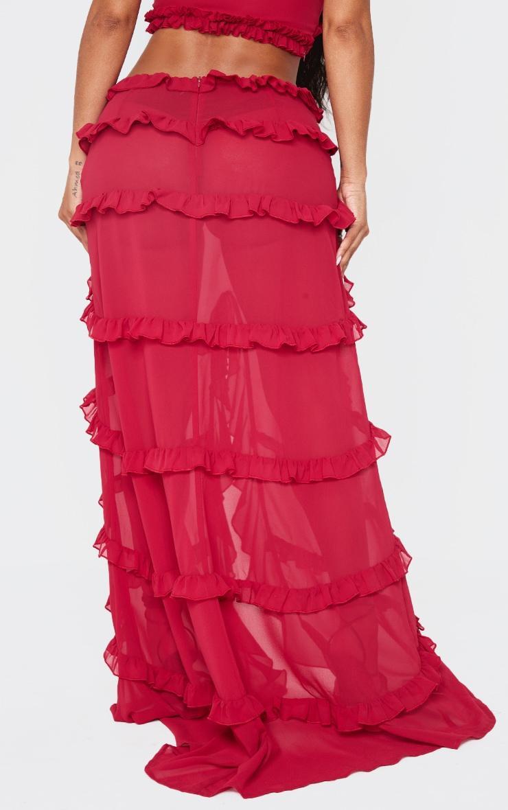 Shape Red Low Rise Frill Detail Front Split Maxi Skirt Product Image