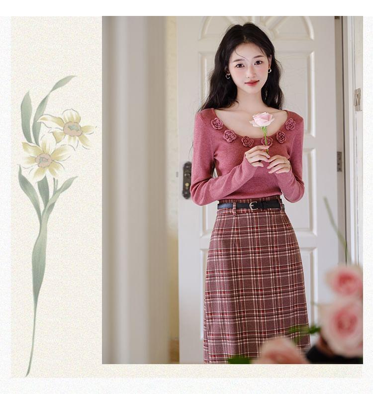 Set: Long Sleeve Scoop Neck Plain Crochet Floral Knit Top + High Rise Plaid Maxi A-Line Skirt + Belt Product Image