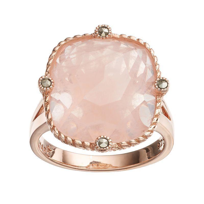 Lavish by TJM 18k Rose Gold Over Silver Rose Quartz & Marcasite Ring, Womens, Multicolor Product Image