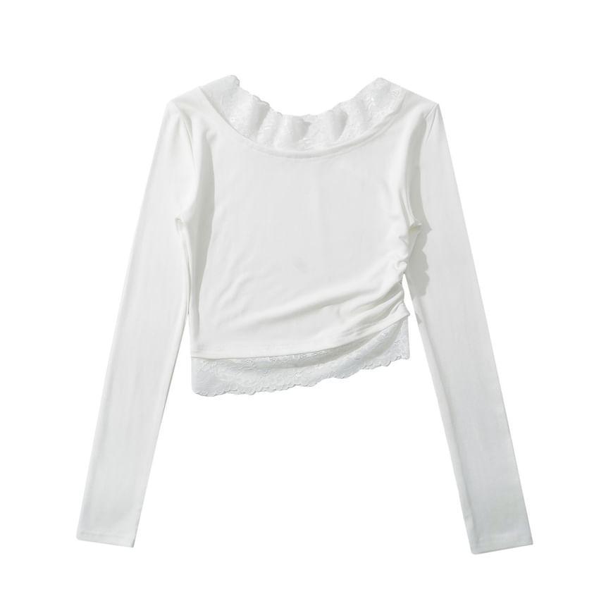 Long-Sleeve Cowl Neck Plain Lace Trim Tee Product Image