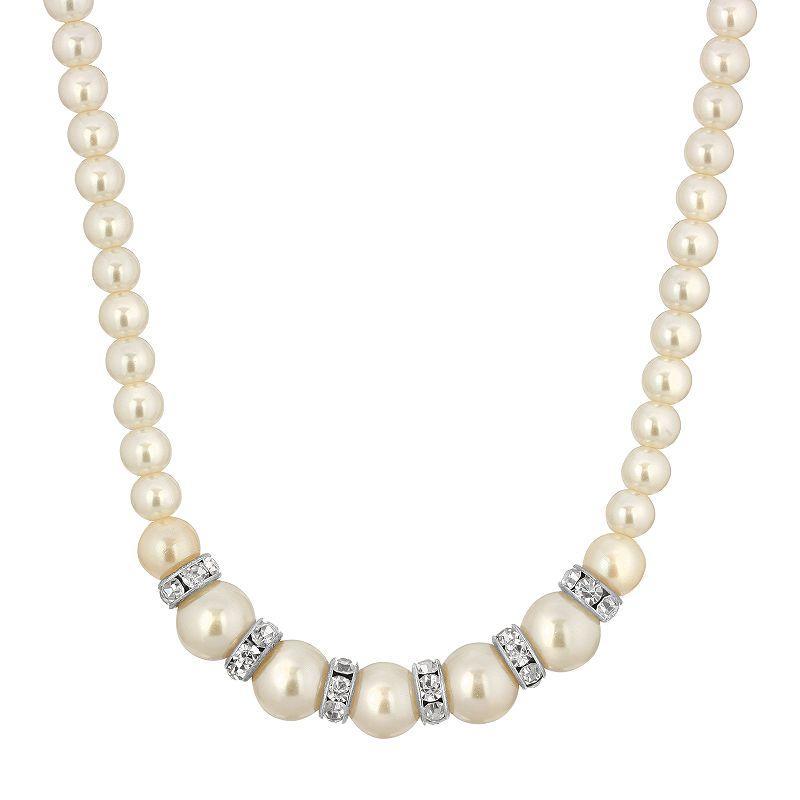 1928 Silver-Tone Graduated Simulated Pearl & Crystal Necklace, Womens, White Product Image