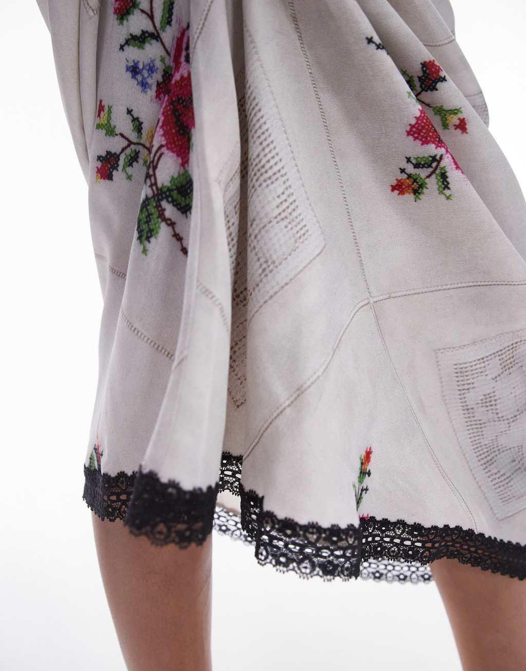 Topshop Satin Bias midi skirt in table cloth floral print Product Image