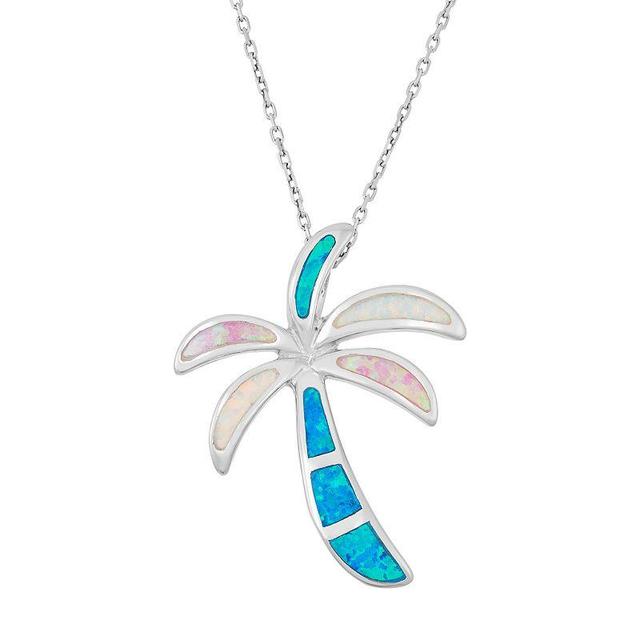 Sterling Silver Lab-Created Opal Palm Tree Pendant Necklace, Womens Multicolor Product Image