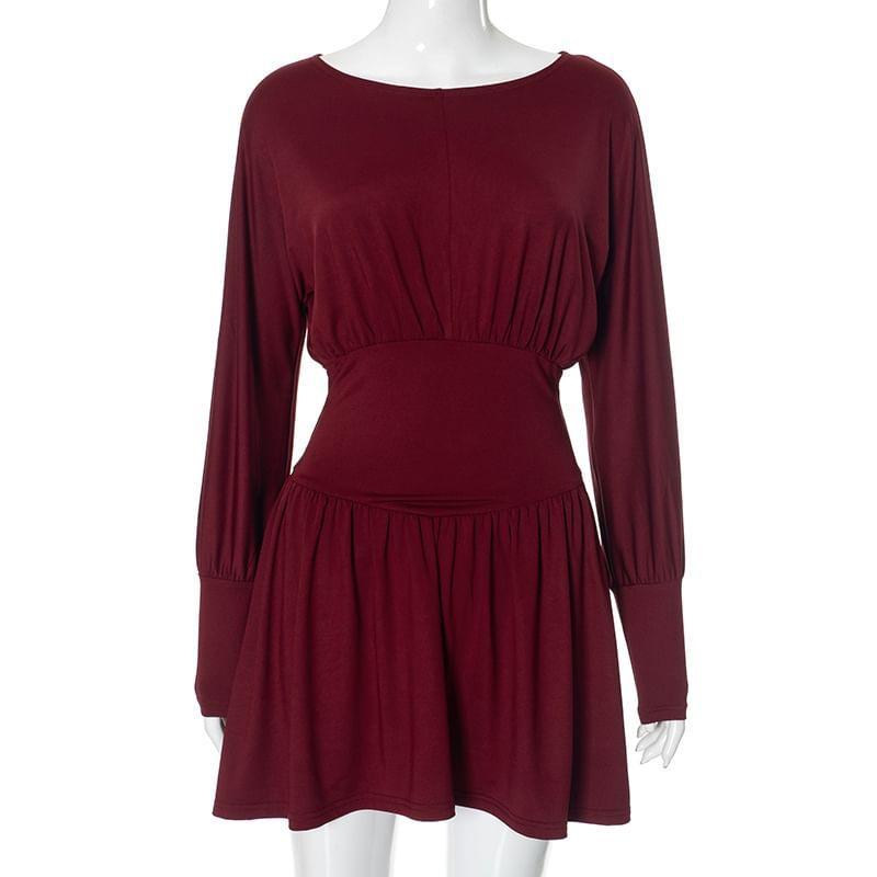 Long-Sleeve Crew Neck Plain Ruched Mini A-Line Dress Product Image