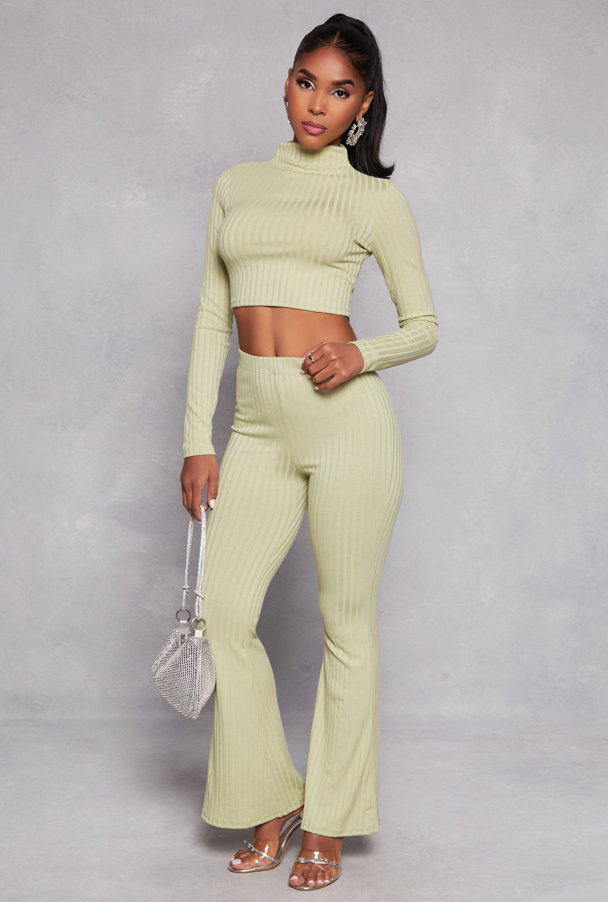 Womens Ribbed Knit High Waist Flare Pants Product Image