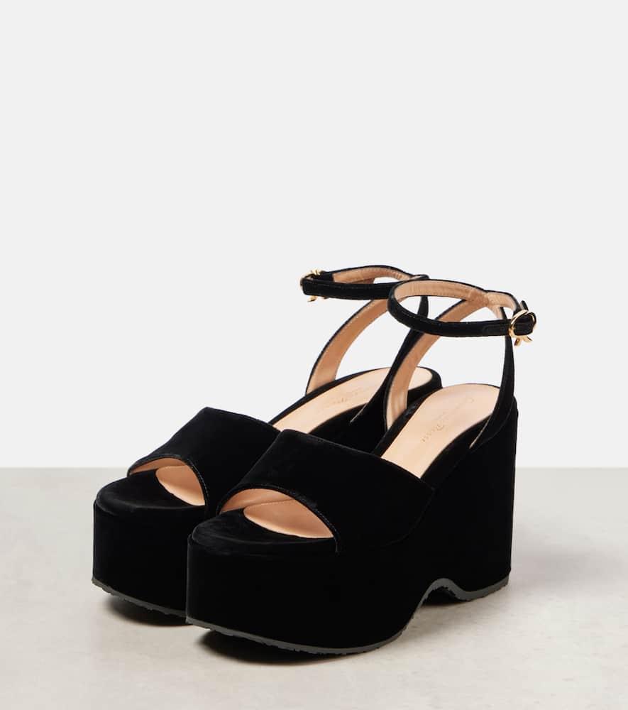 GIANVITO ROSSI Velvet Wedge Sandals In Black Product Image