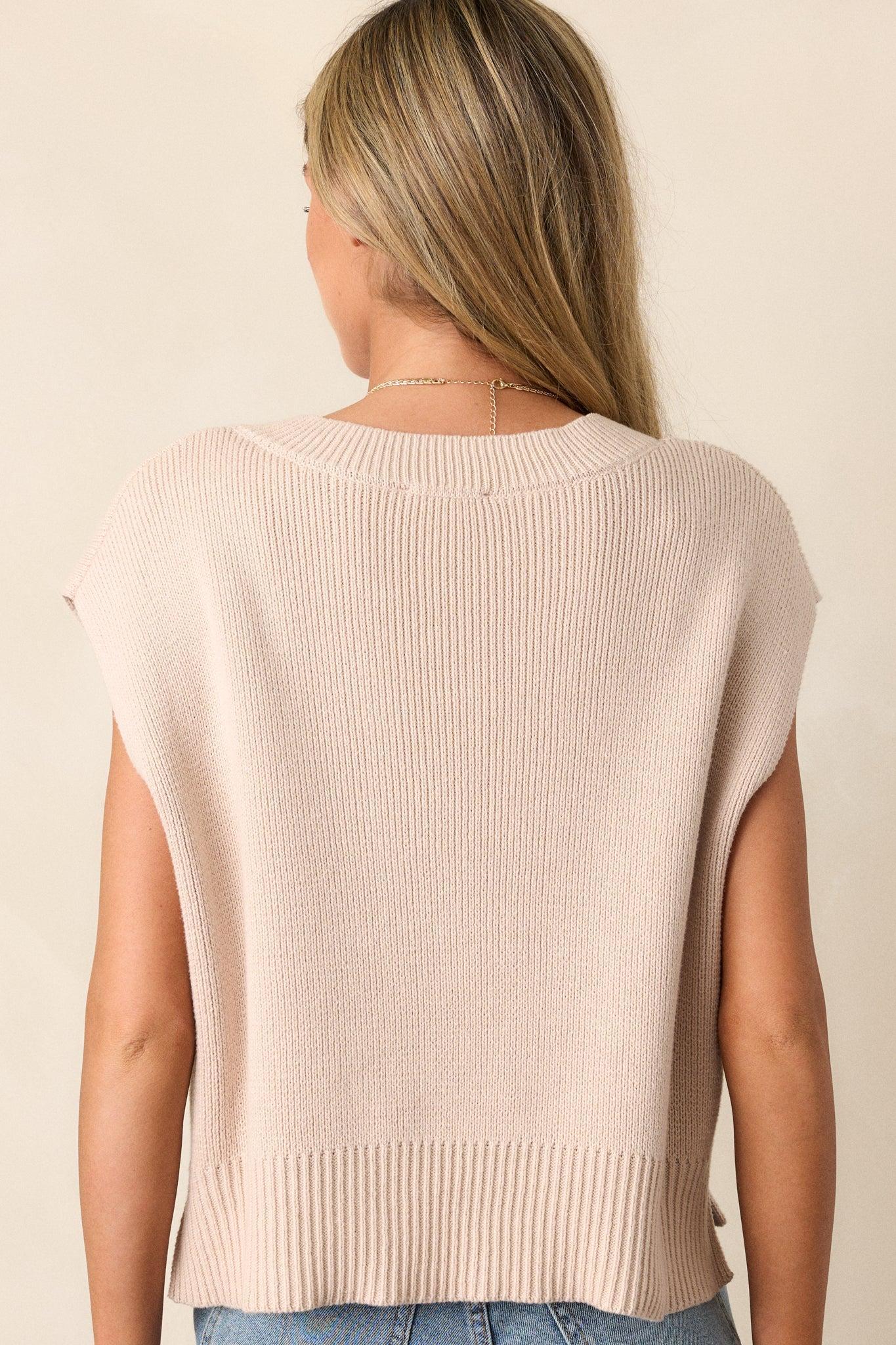 Rustic Retreat Beige Short Sleeve Sweater Top Product Image