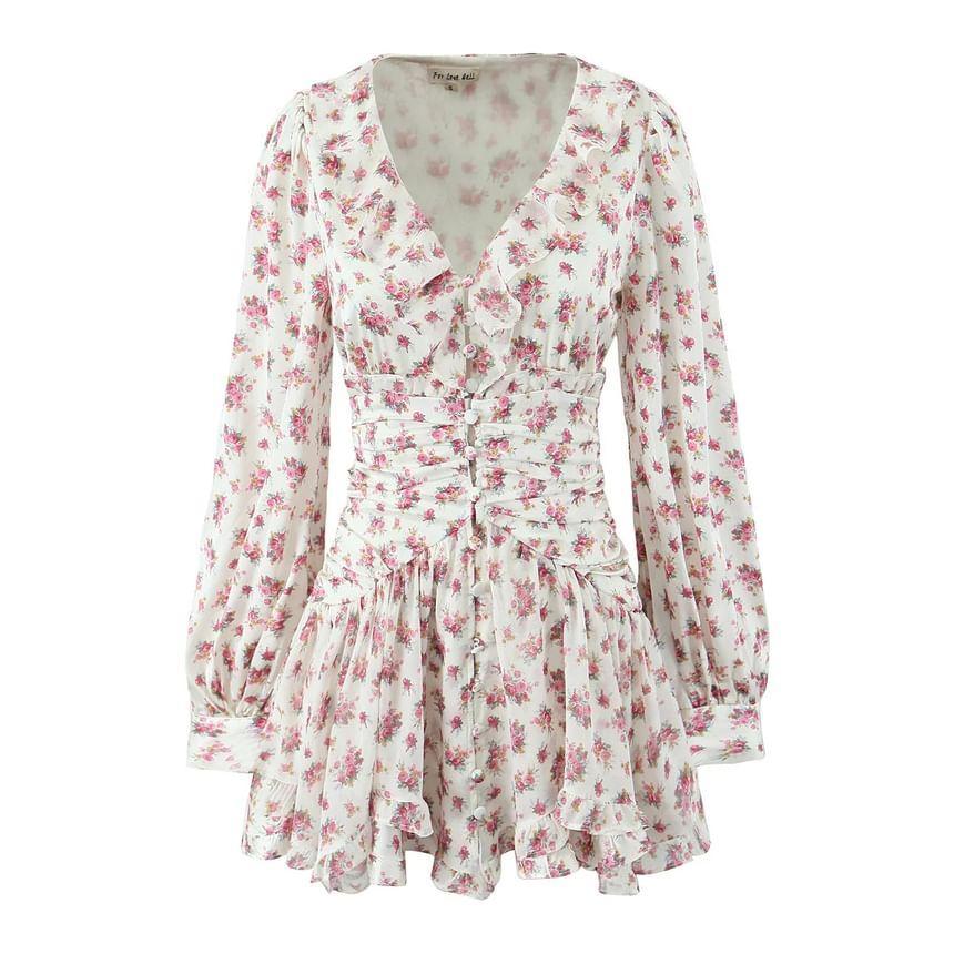 Puff-Sleeve V-Neck Floral Print Shirred Mini A-Line Dress Product Image