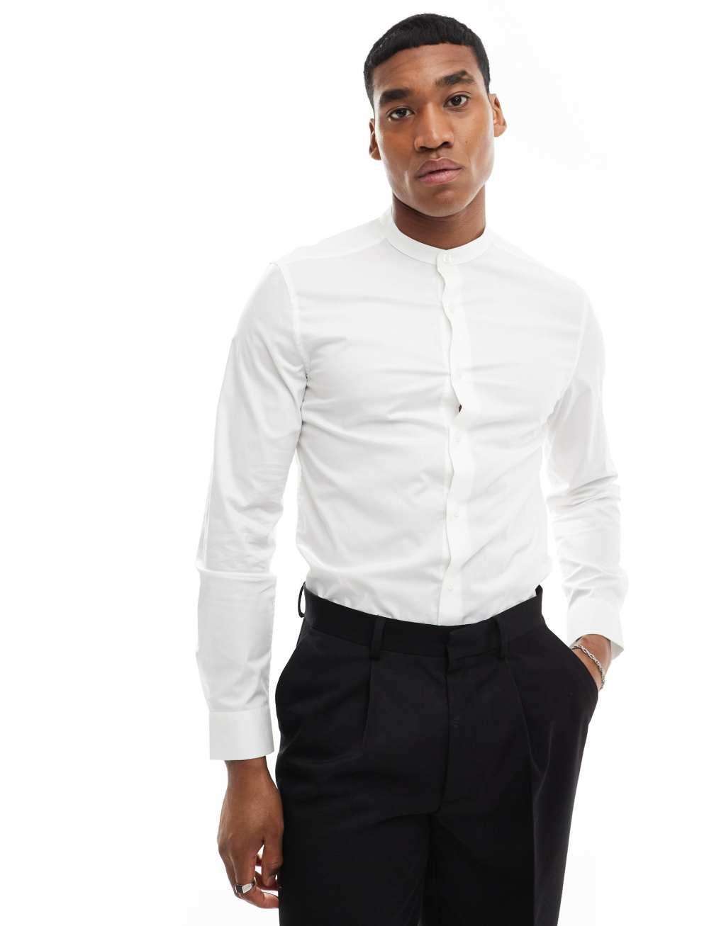 ASOS DESIGN easy iron slim fit poplin shirt with grandad collar in white Product Image