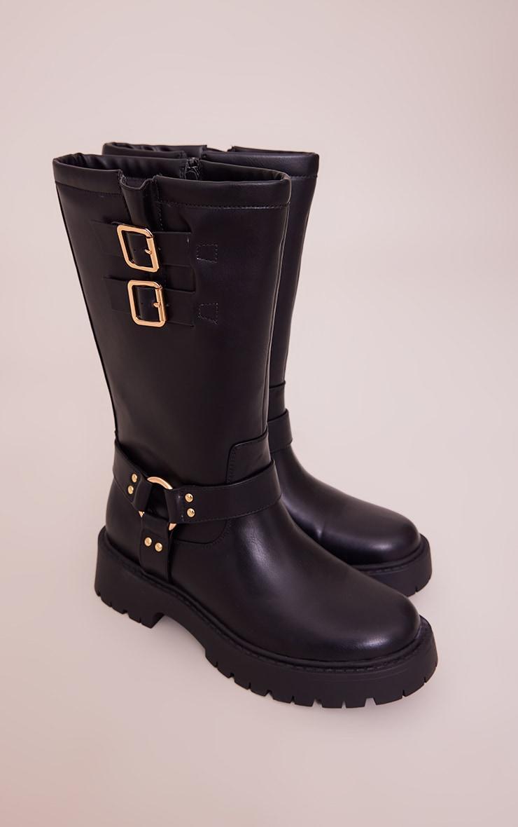 Black Wide Fit Faux Leather Double Buckled Calf High Boots Product Image