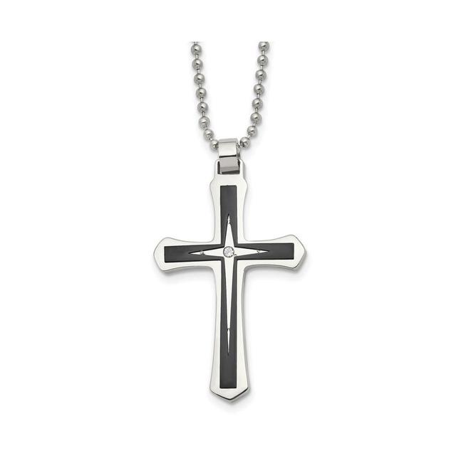 Chisel Brushed Black Ip-plated Cz Cross Pendant Ball Chain Necklace Product Image