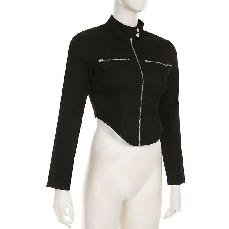 Mock Neck Zip-Up Plain Crop Jacket Product Image