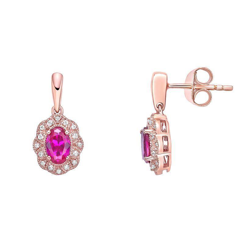 Gemminded 10k Rose Gold, Ruby & 1/10 Carat T.W. Diamond Earrings, Womens, Pink Tone Product Image