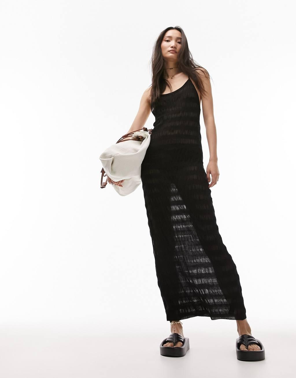 Topshop knit sheer stripe midi dress in black Product Image