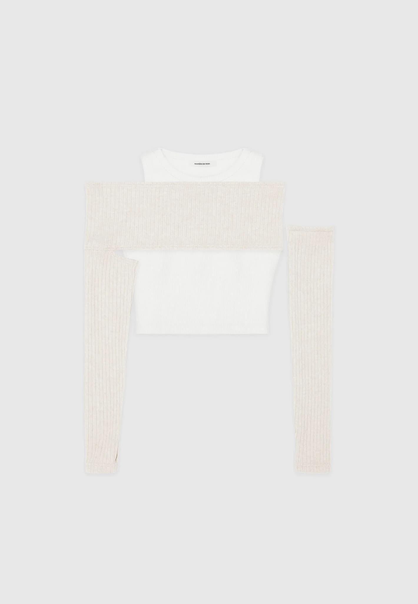 Crop Top with Knitted Overlay - White/Beige Female Product Image