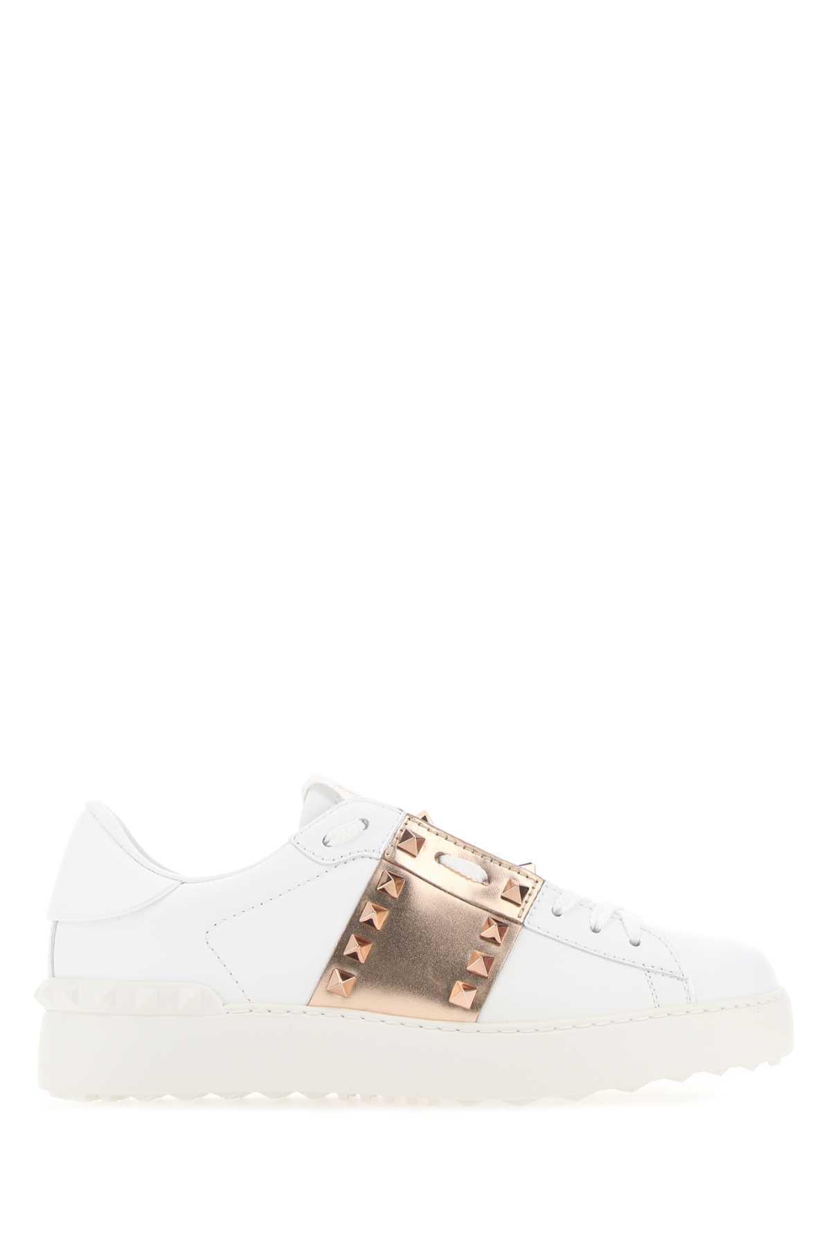 VALENTINO GARAVANI White Leather Rockstud Untitled Sneakers With Gold Rose Band Product Image