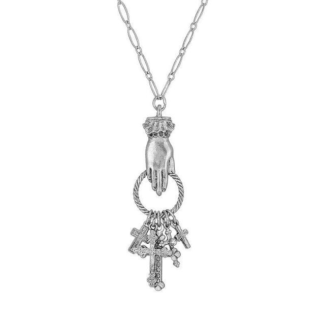 1928 Antiqued Pewter Hand and Multiple Cross Charm Necklace, Womens, Gray Product Image