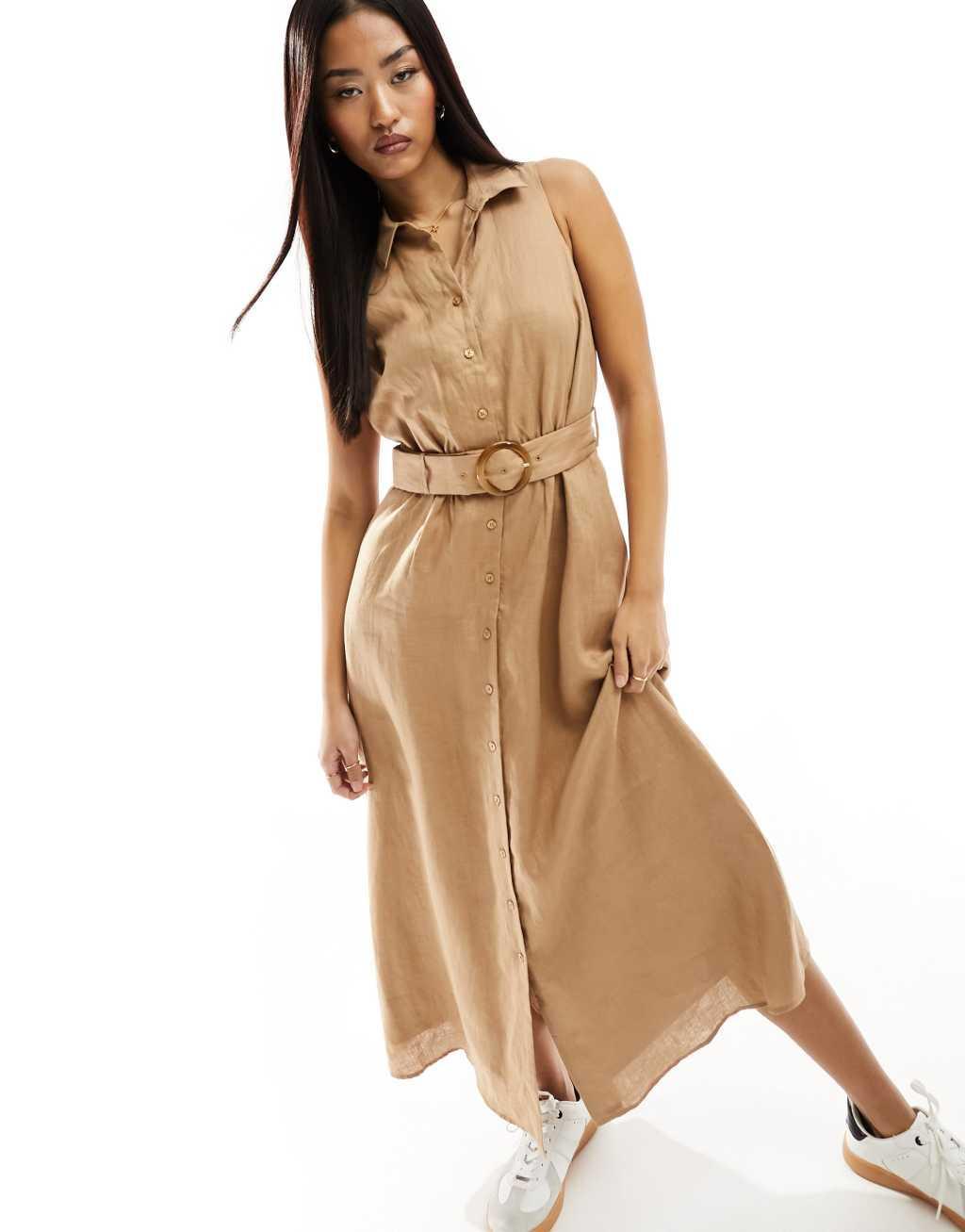 Ever New sleeveless belted linen shirt dress in brown Product Image