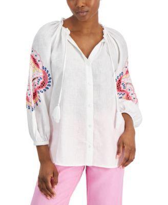 Petite Linen Split-Neck Cutwork-Sleeve Top, Created for Macy's  Product Image