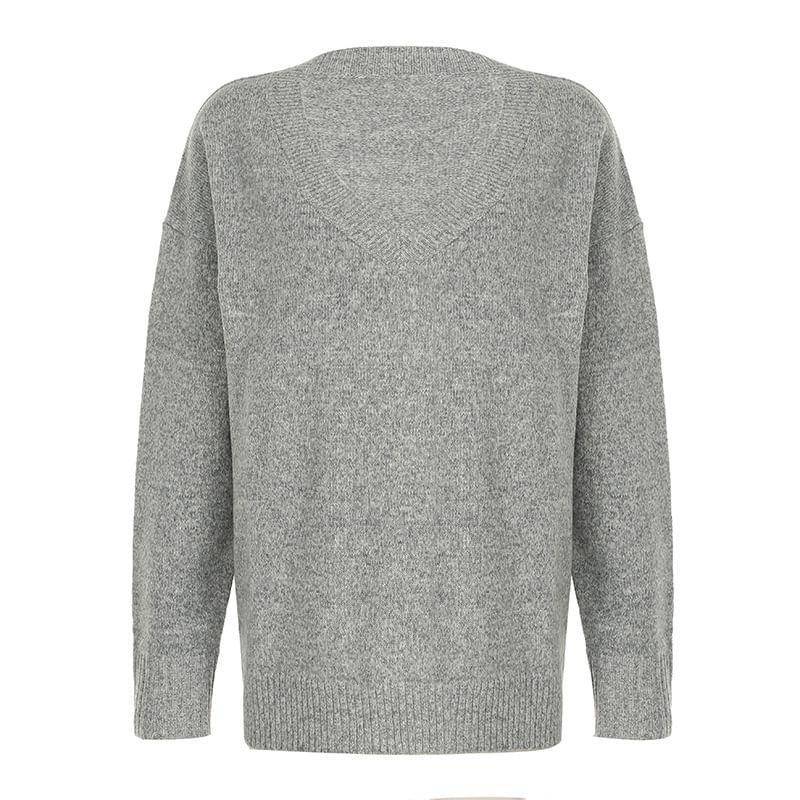 Long-Sleeve V-Neck Plain Sweater Product Image