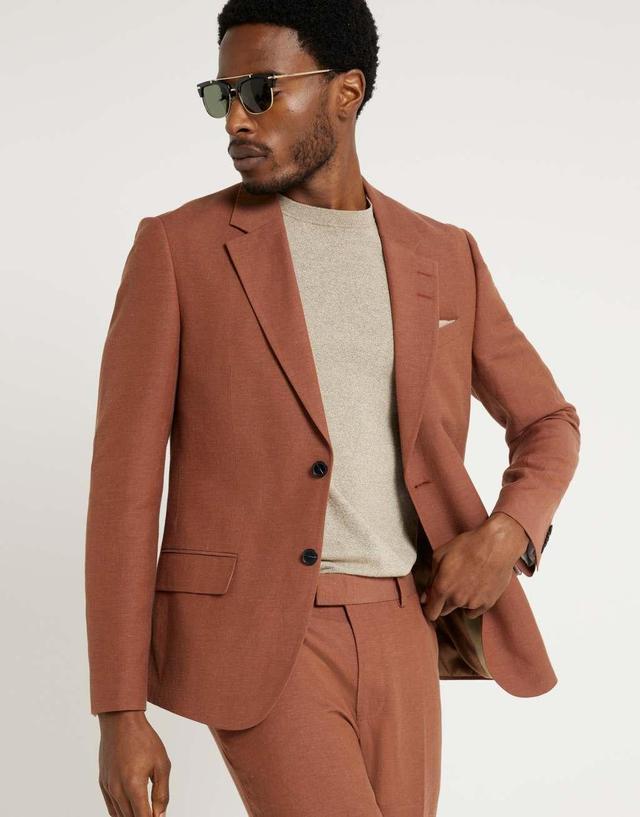 River Island linen look slim suit jacket in rust  Product Image